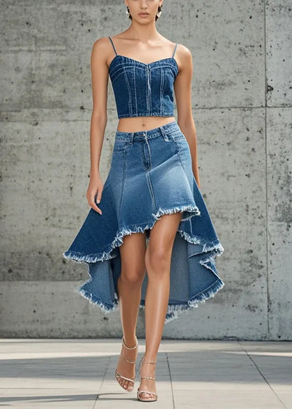 French Blue Low High Design Exra Large Hem Denim Skirts Fall