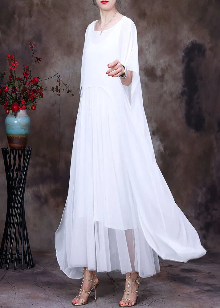 White O-neck Asymmetrical Design Chiffon Cloak Dress Batwing Sleeve