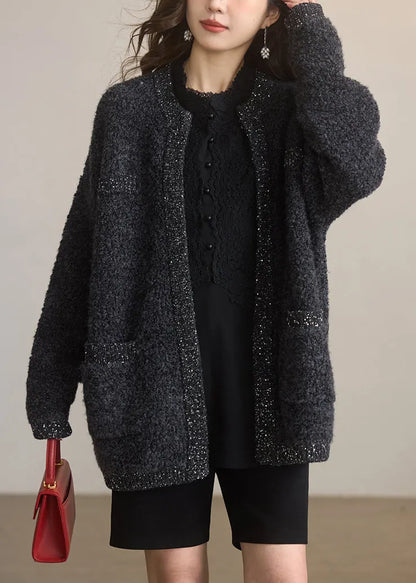Dark Grey O Neck Sequins Woolen Cardigans Winter