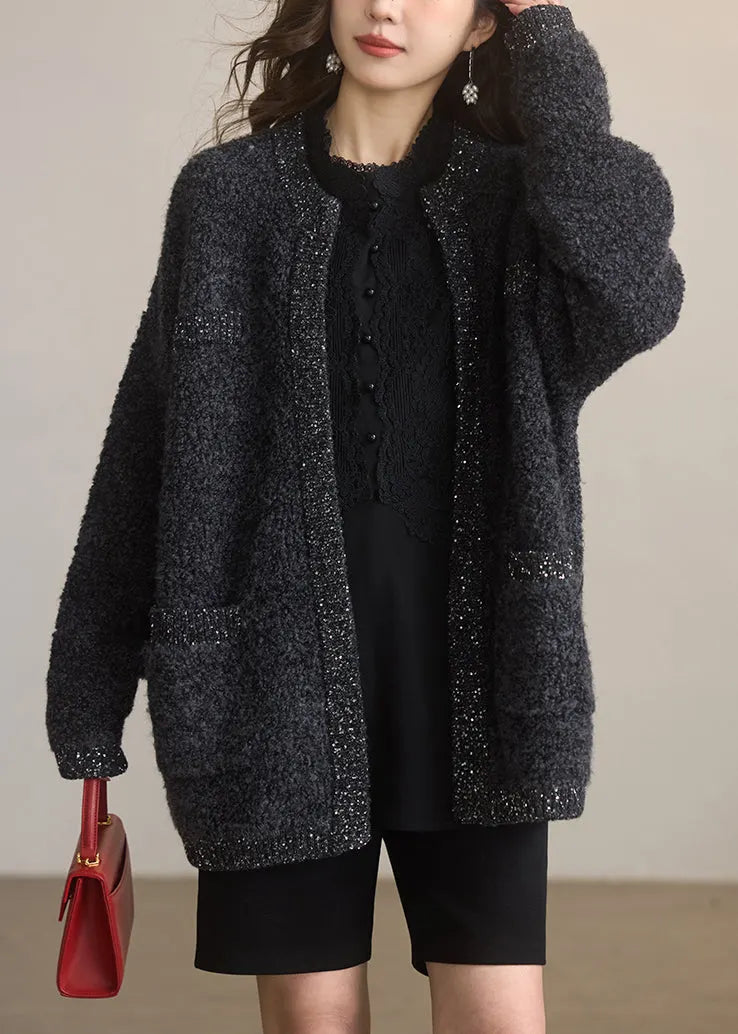 Dark Grey O Neck Sequins Woolen Cardigans Winter