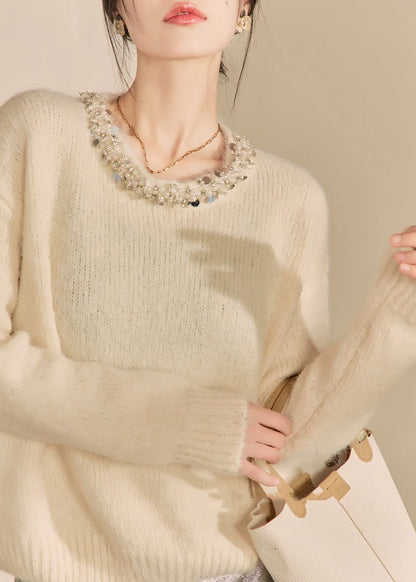 Apricot O Neck Nail Bead Woolen Sweater Tops Fall