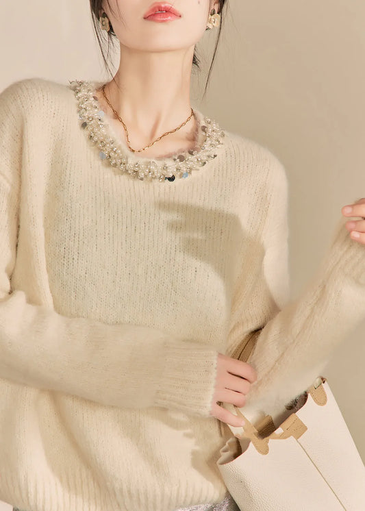 Apricot O Neck Nail Bead Woolen Sweater Tops Fall