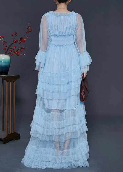 Blue Elastic Waist Patchwork Tulle Party Dress Fall