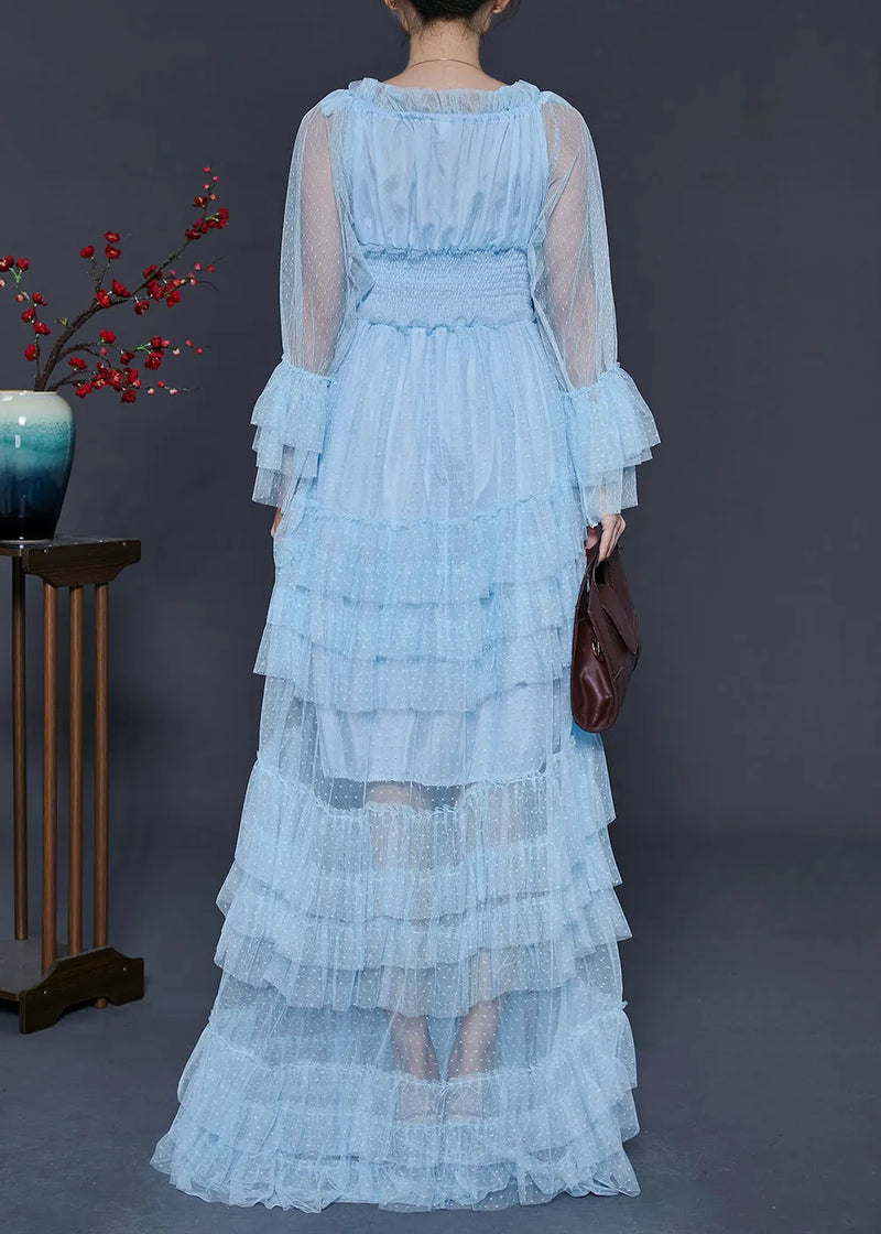 Blue Elastic Waist Patchwork Tulle Party Dress Fall