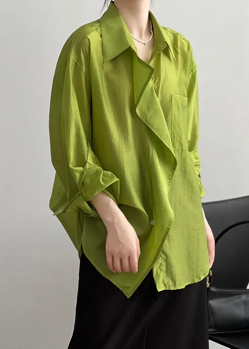 Italian Green Peter Pan Collar Ruffled Cotton Shirt Tops Early Fall