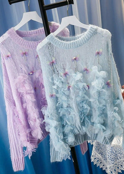 Blue Patchwork Nail Bead Cotton Knit Sweaters Winter