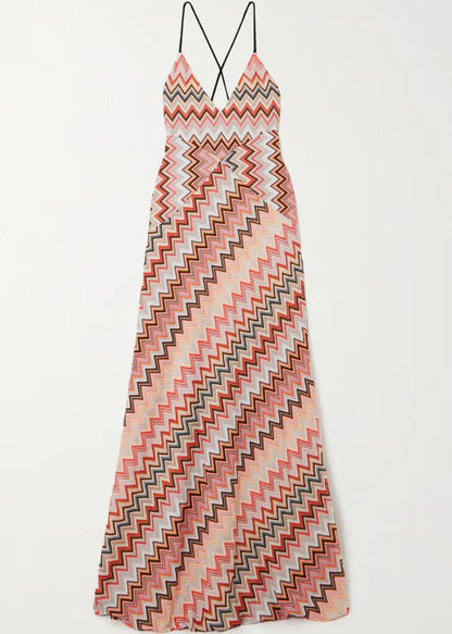 Stylish V Neck Striped Backless Cotton Long Dresses Sleeveless