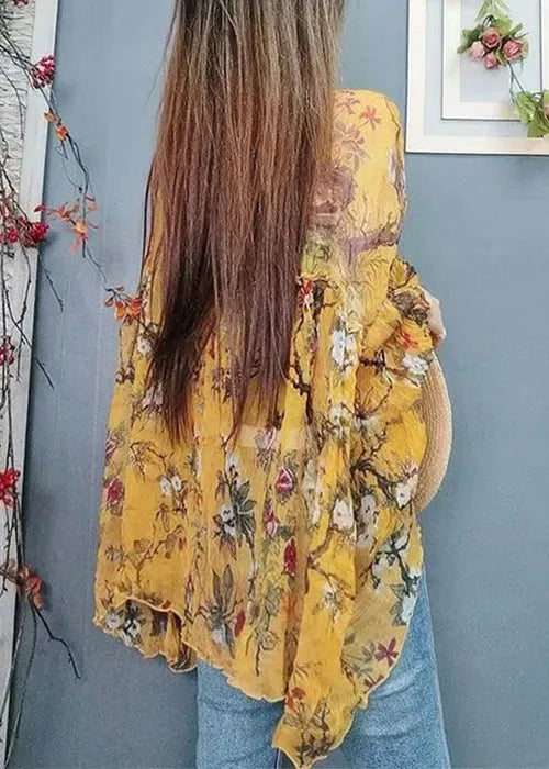 Green Print Lace Up Thin Chiffon Blouses Summer
