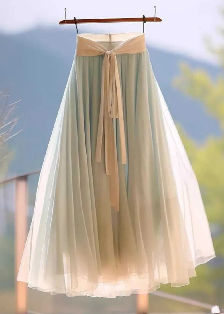 Simple Light Blue Wrinkled Lace Up Tulle Skirt Summer
