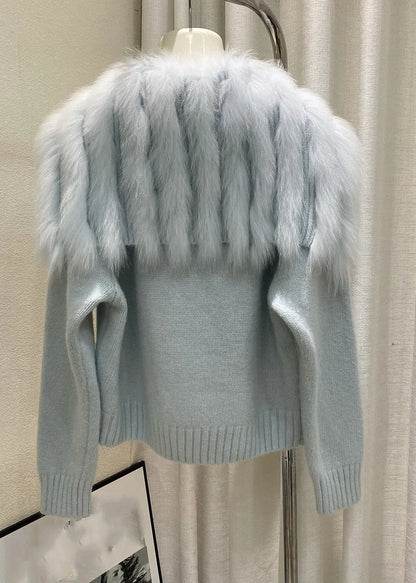 Light Blue Sailor Collar Patchwork Cotton Knit Cardigans Winter