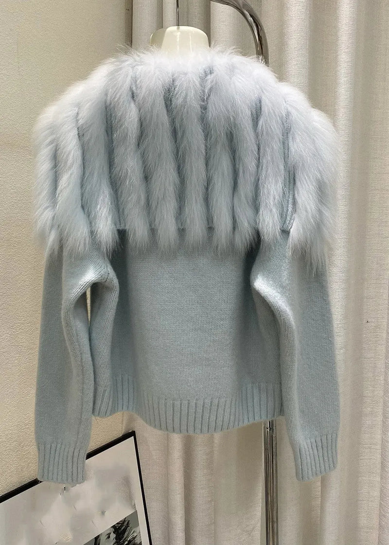 Light Blue Sailor Collar Patchwork Cotton Knit Cardigans Winter