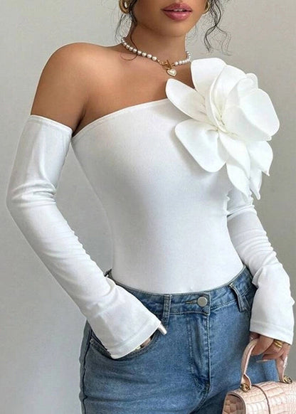 French White Cold Shoulder Cotton Top Long Sleeve