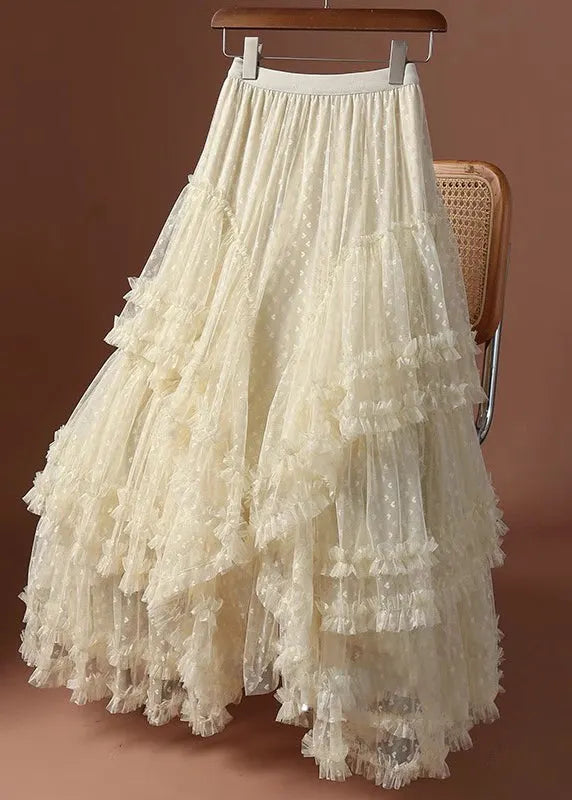 Jacquard Khaki Ruffled Patchwork Love Tulle Maxi Skirts