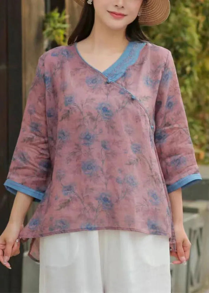 Brown Chinese Button Print Patchwork Linen Top Bracelet Sleeved