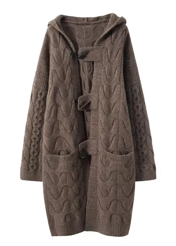 Khaki Hooded Oversized Cashmere Long Cardigans Winter