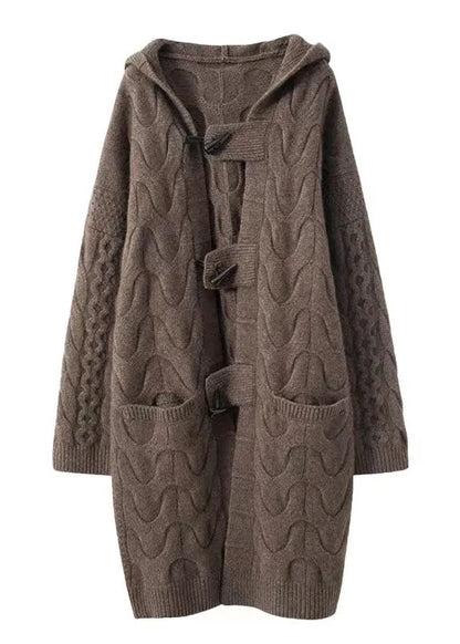 Khaki Hooded Oversized Cashmere Long Cardigans Winter
