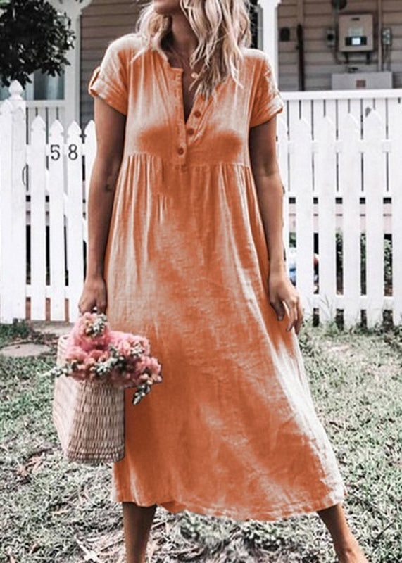 Organic Orange O Neck Patchwork Cotton Long Dress Summer