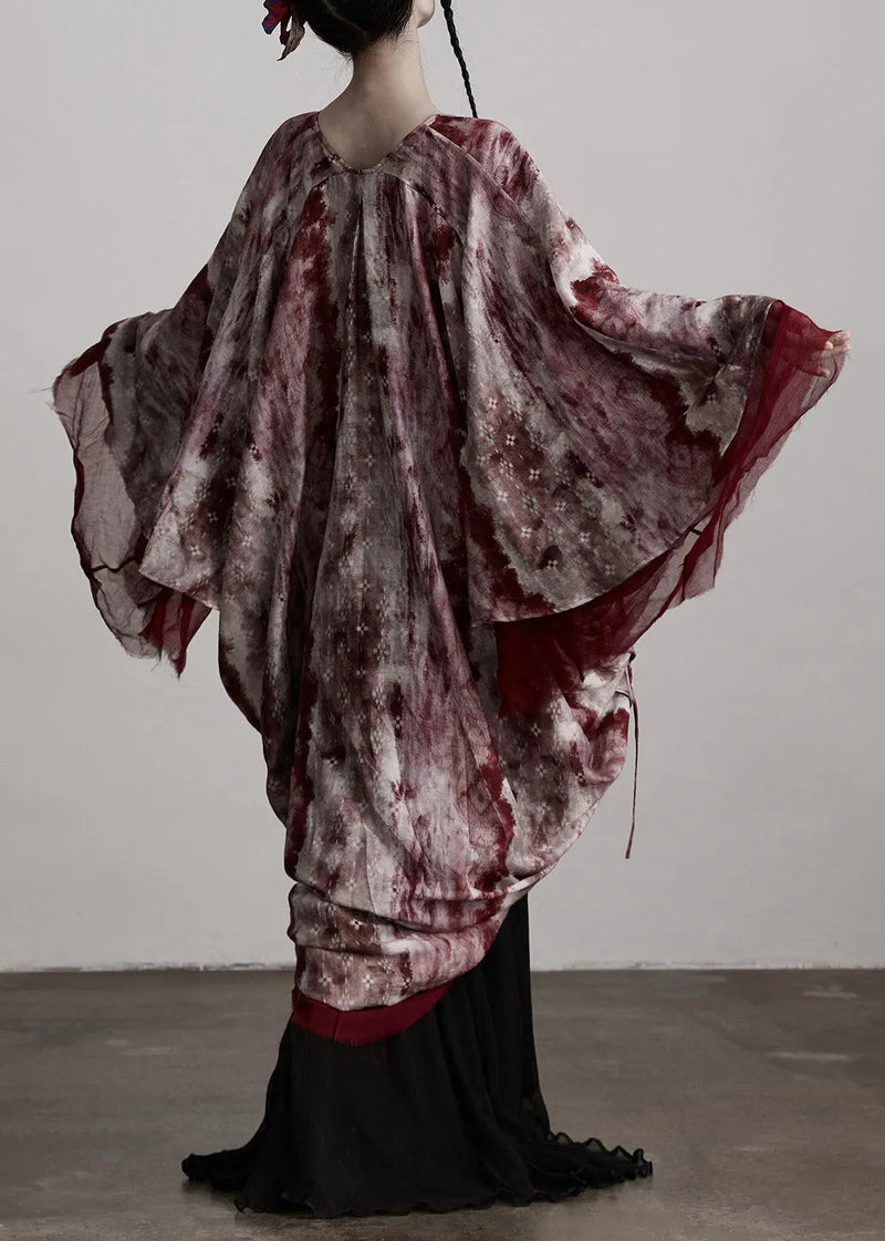 Red V Neck Asymmetrical Design Silk Cardigan Batwing Sleeve