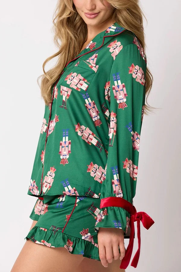 Christmas Fashion Printed Bow Top and Elastic Waist Ruffle Shorts Set