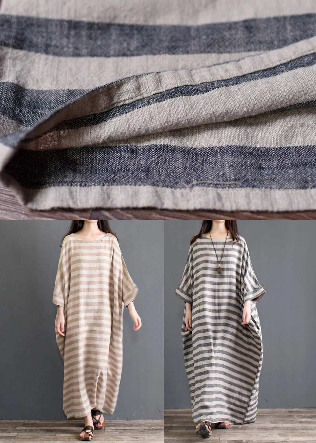 Khaki Striped Patchwork Oversized Cotton Long Dresses O-neck Half Sleeve