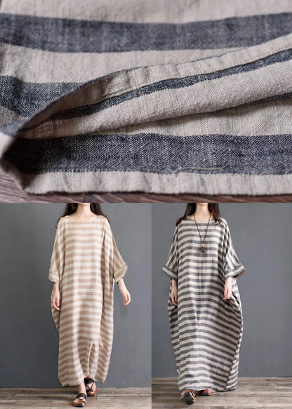 Grey O Neck Striped Pockets Patchwork Cotton Long Dresses Spring
