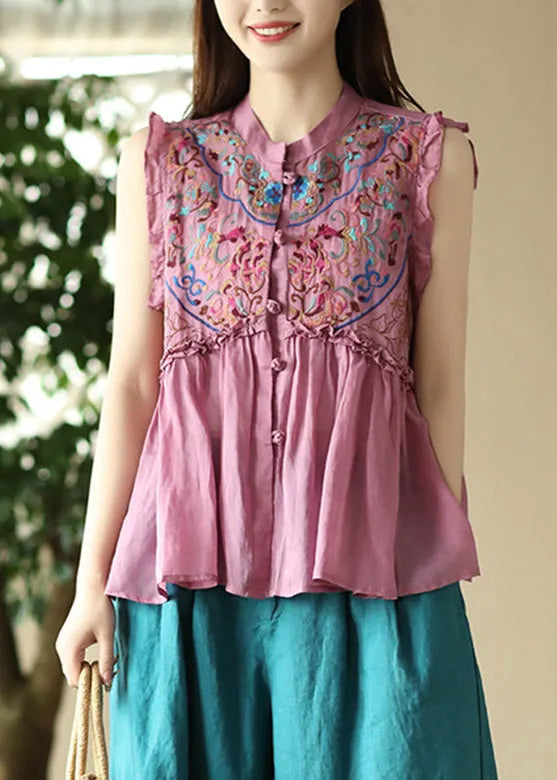 Art Pink Embroidered Ramie Shirts Sleeveless