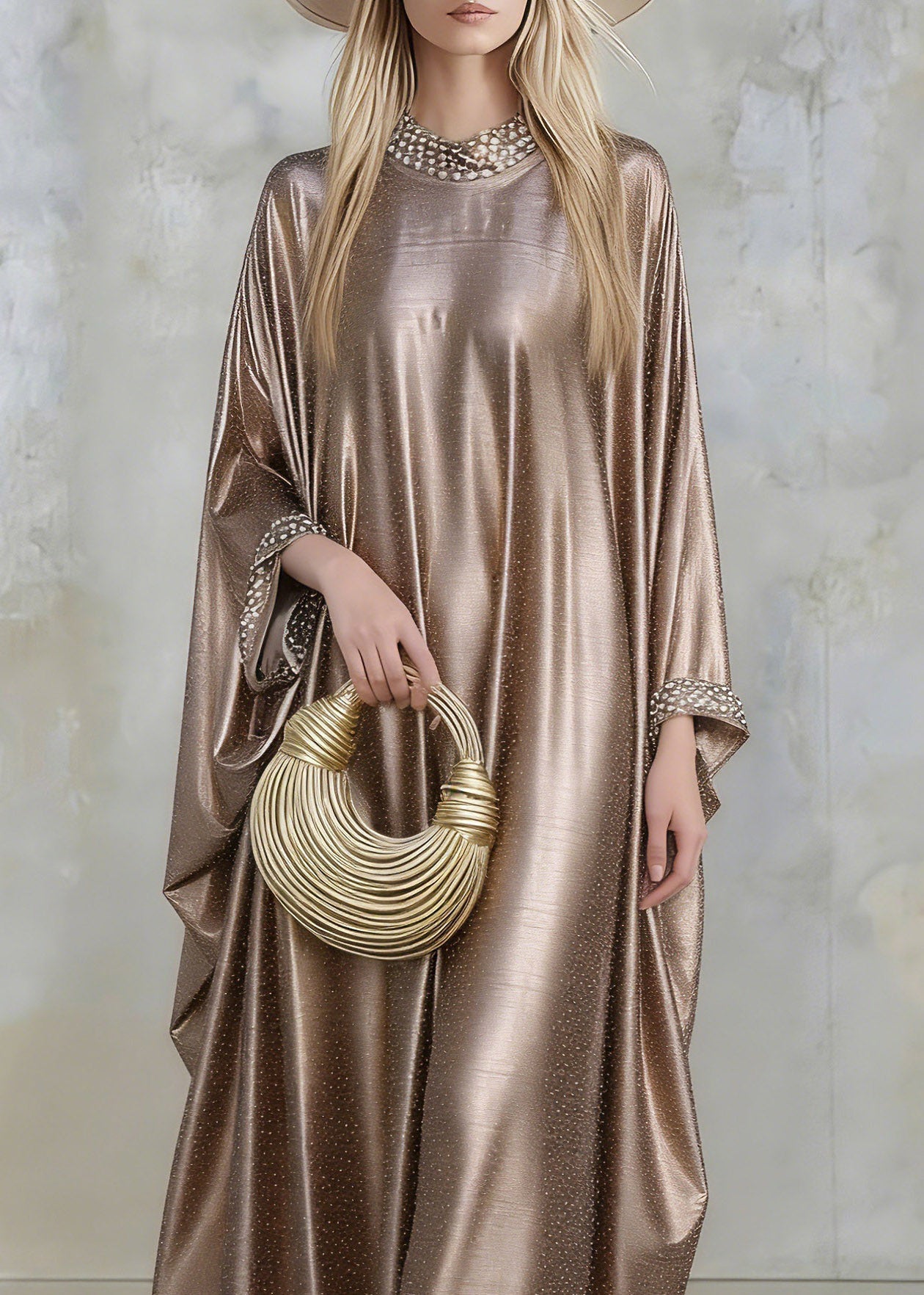 Gold Silk Maxi Dresses Flare Sleeve