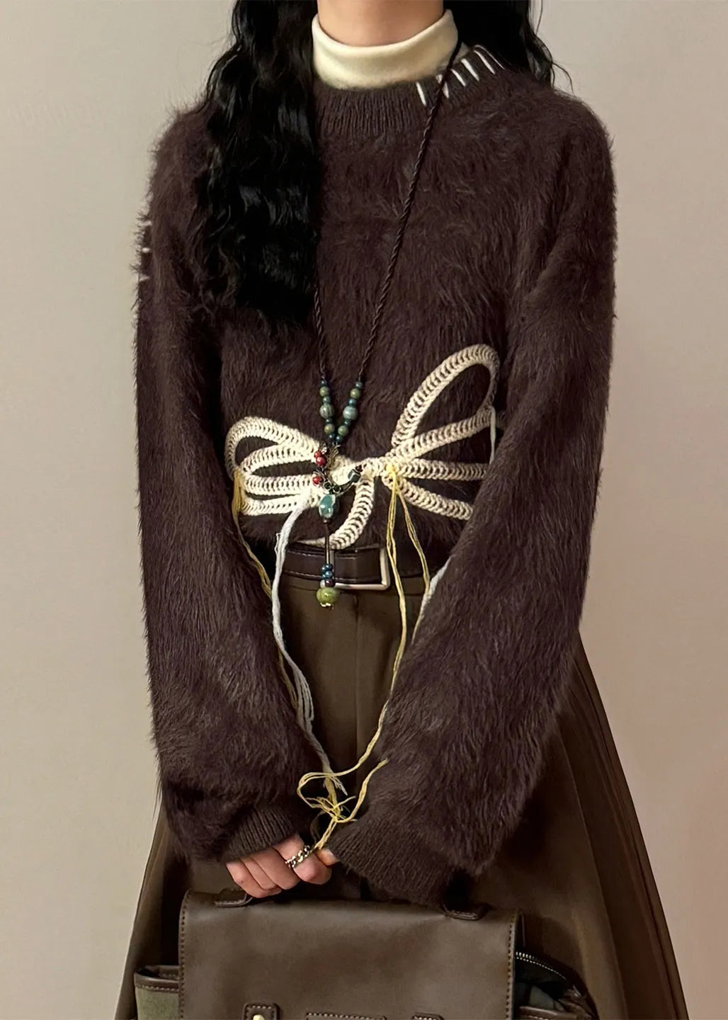Loose Coffee Bow Thick Mink Hair Knitted Sweater Winter