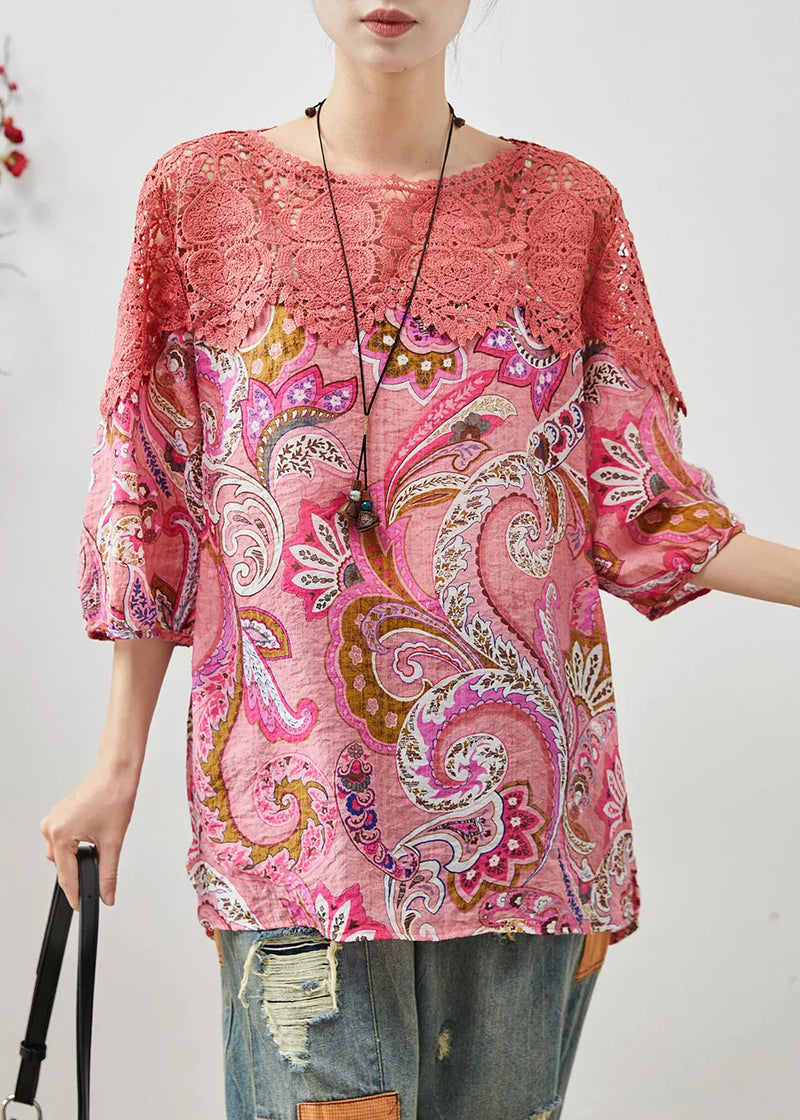 Pink Patchwork Chiffon Shirt Tops Hollow Out Summer