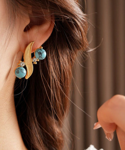 Gold Alloy Zircon Turquoise Stud Earrings