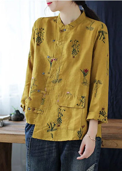 Yellow Asymmetrical Design Button Linen Blouses Top Long Sleeve