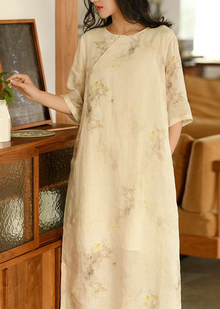 New Apricot O Neck Print Linen Long Dresses Summer