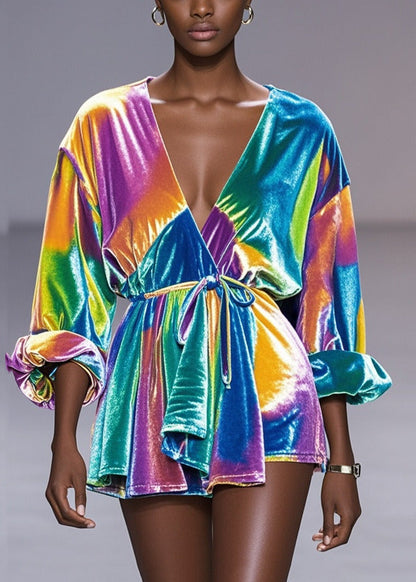 Rainbow Tie Waist Tie Dye Silk Velour Shirt Fall