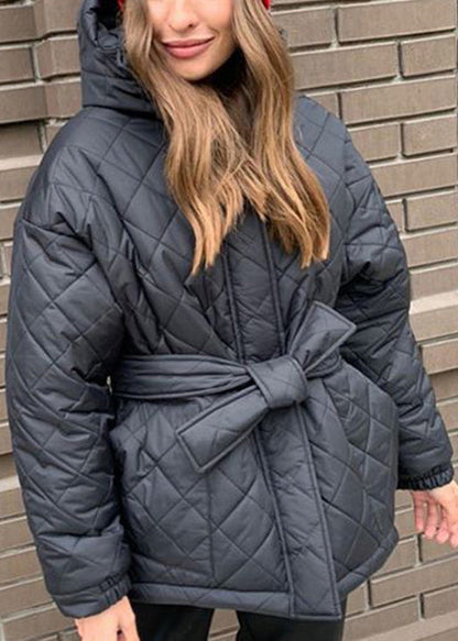 Stylish Black Hooded Tie Waist Fine Cotton Filled Coat Winter