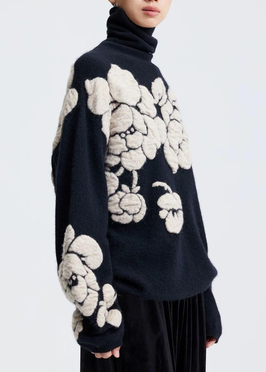Jacquard Black Turtleneck Wool Knit Sweaters Winter