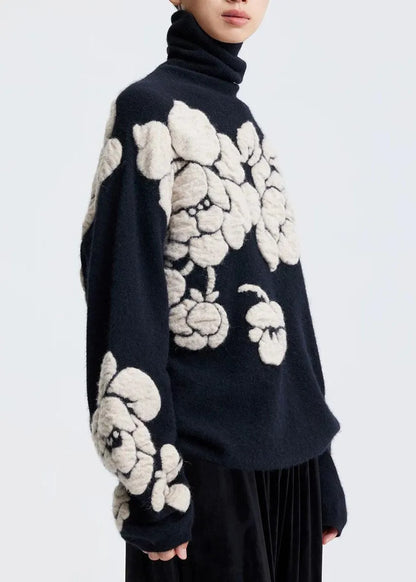 Jacquard Black Turtleneck Wool Knit Sweaters Winter