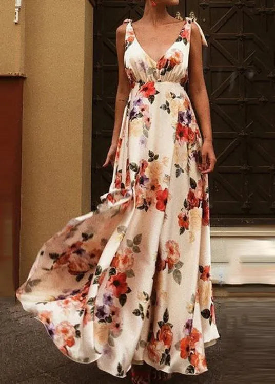 Backless Print Lace Up Chiffon Spaghetti Strap Dress Summer