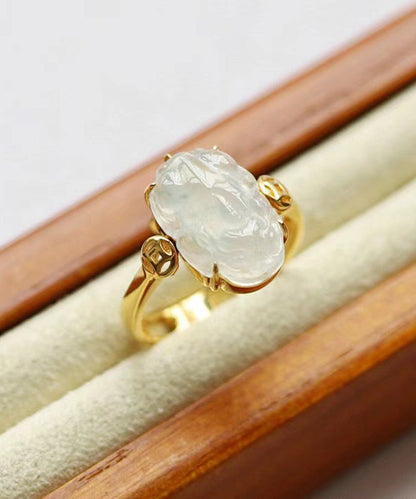 Fine Gold Sterling Silver Overgild Chalcedony a Mythical Wild Animal Tassel Rings