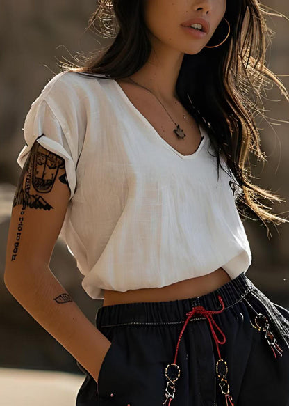 Stylish White V Neck Cotton Short T Shirts Tops Summer