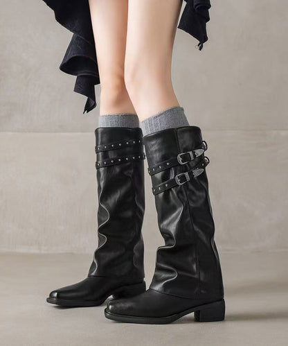 Stylish Rivet Splicing Chunky Boots Black Faux Leather