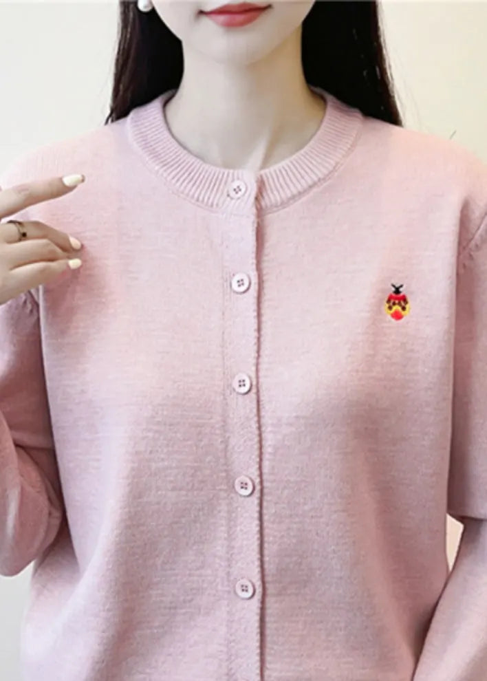 Simple Pink O-neck Print Button Knit Cardigan Fall