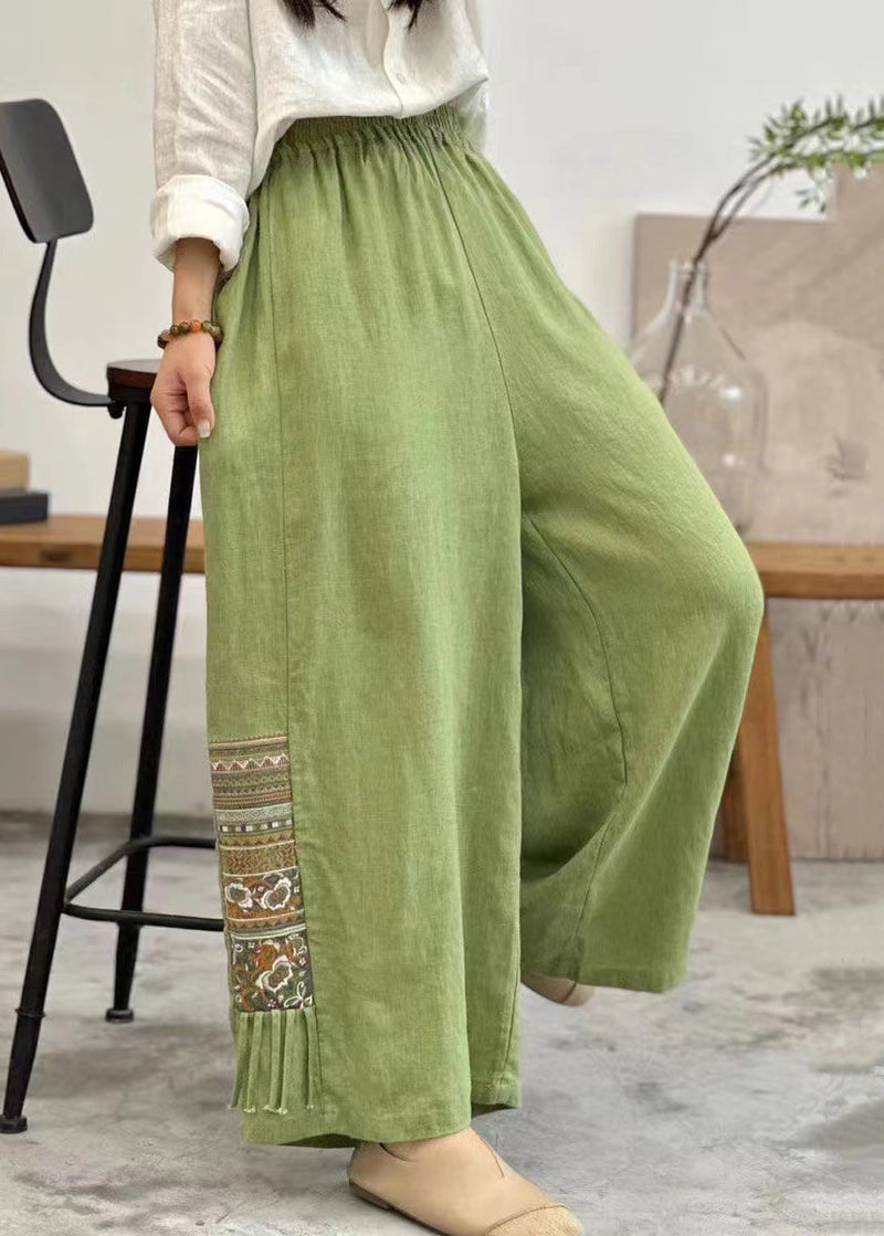 Linen Embroidered Pockets Elastic Waist Cotton Wide Leg Pants Summer