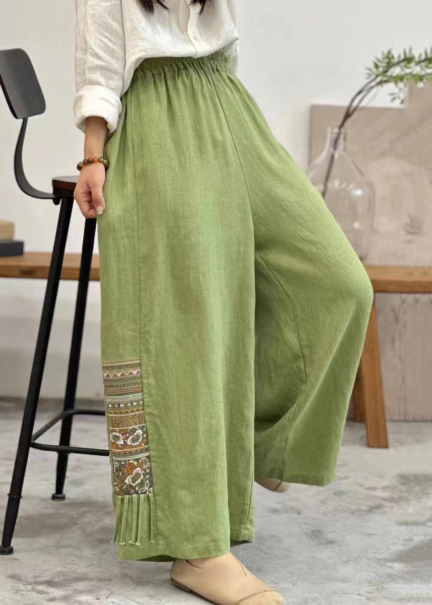 Linen Embroidered Pockets Elastic Waist Cotton Wide Leg Pants Summer