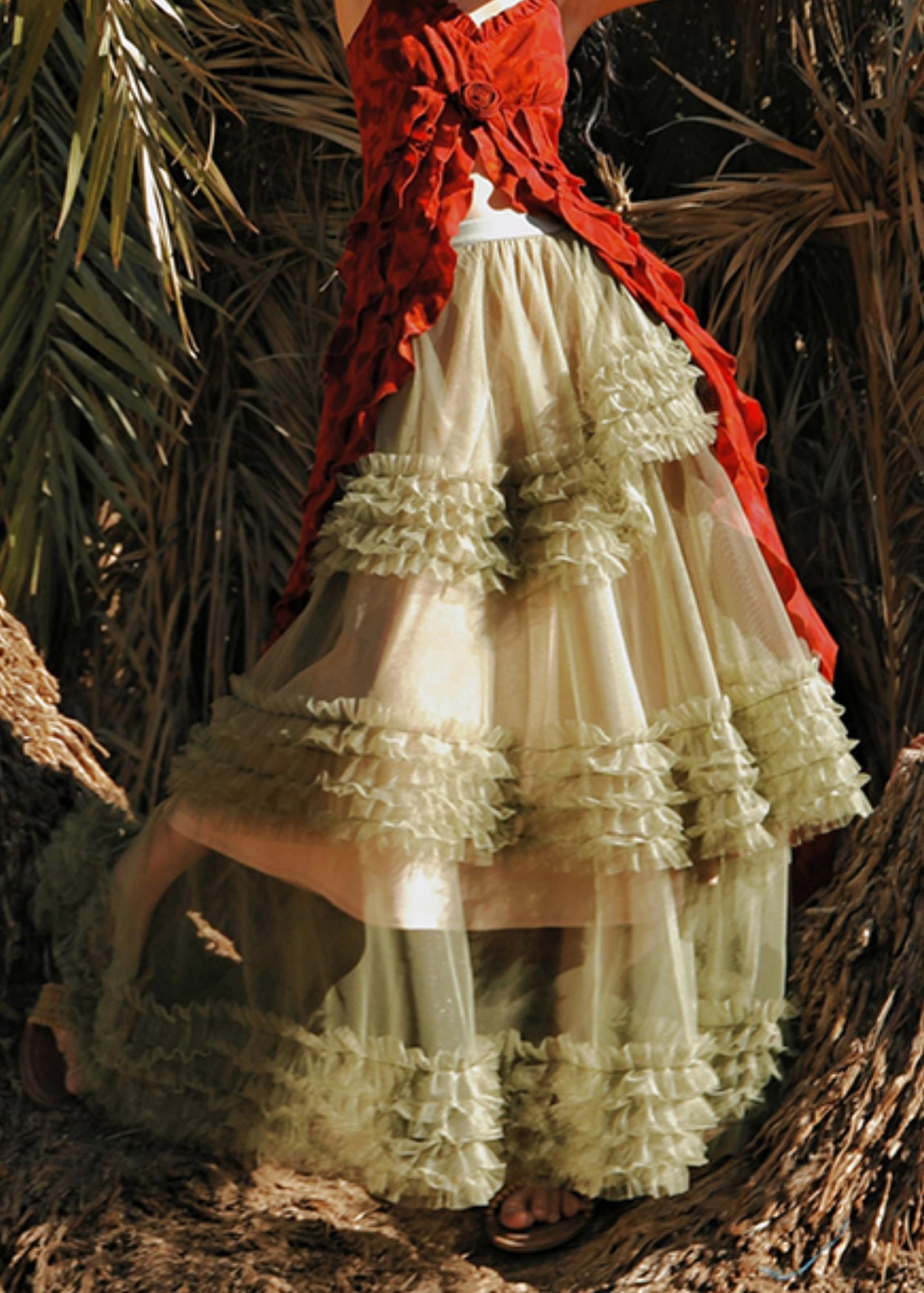 New Green Ruffled Elastic Waist Tulle a Line Skirts Summer