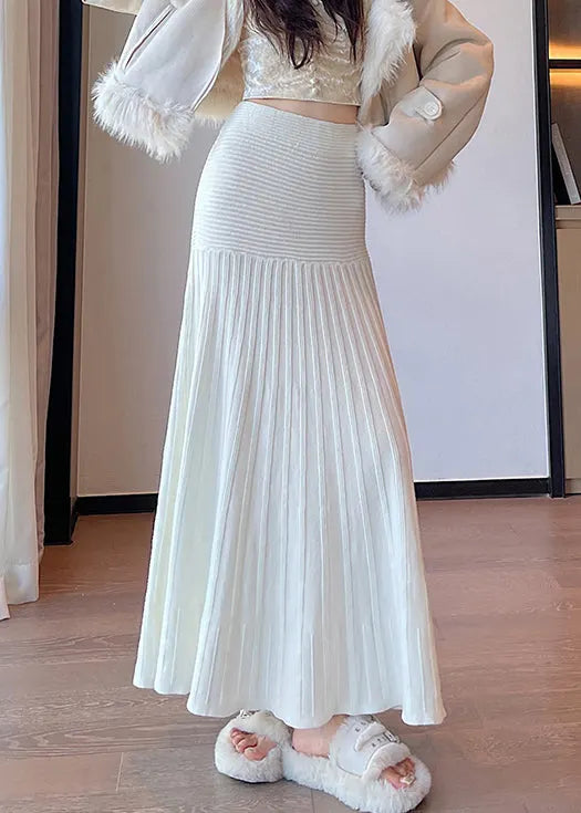 New White High Waist Knit Pleated Skirt