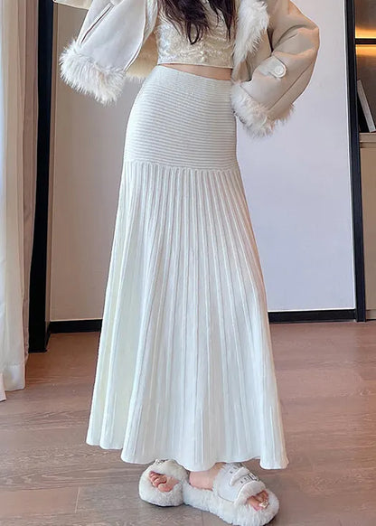 New White High Waist Knit Pleated Skirt