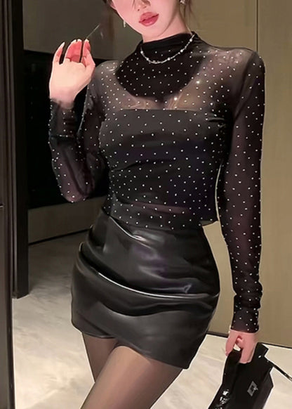 Style Black Half High Neck Zircon Tulle Top Fall