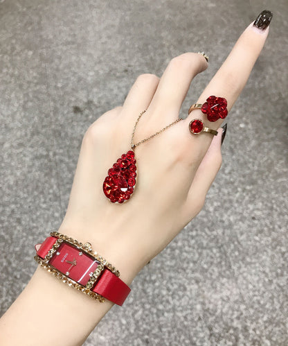 Style Red Sterling Silver Overgild Crystal Zircon Pendant Necklace ,ring and Watch Three Piece Set