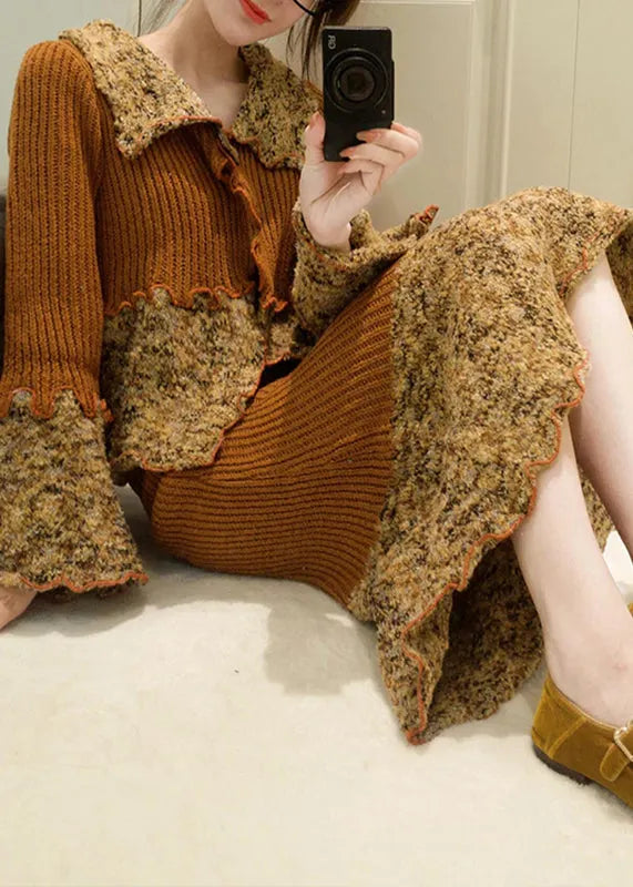 French Peter Pan Collar Print Patchwork Cotton Knit Cardigans and Maxi Skirts Two Pieces Set Fall