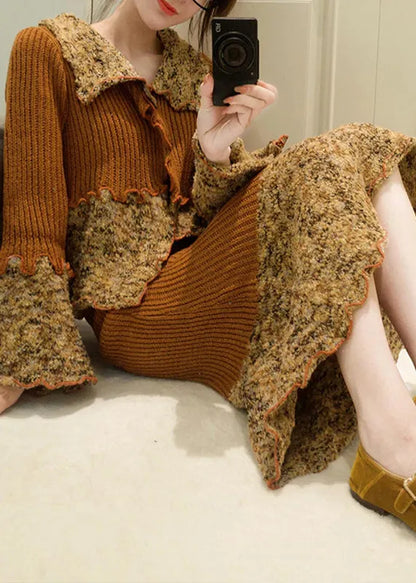 French Peter Pan Collar Print Patchwork Cotton Knit Cardigans and Maxi Skirts Two Pieces Set Fall